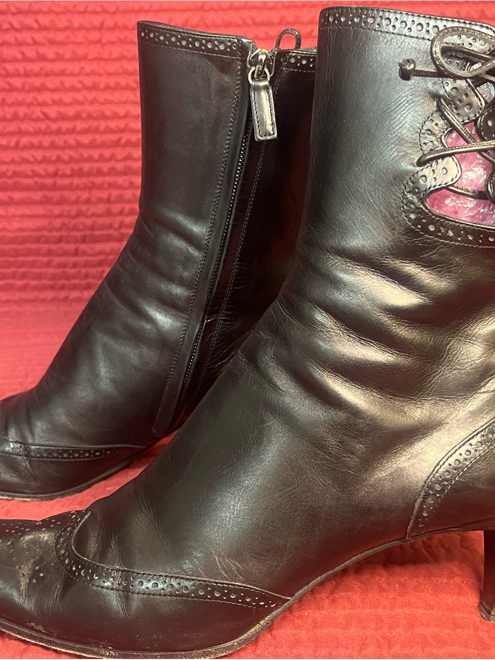 Ralph Lauren Purple Label Black Leather Wingtip Lace Ankle Boots Low Heel Sz 8B